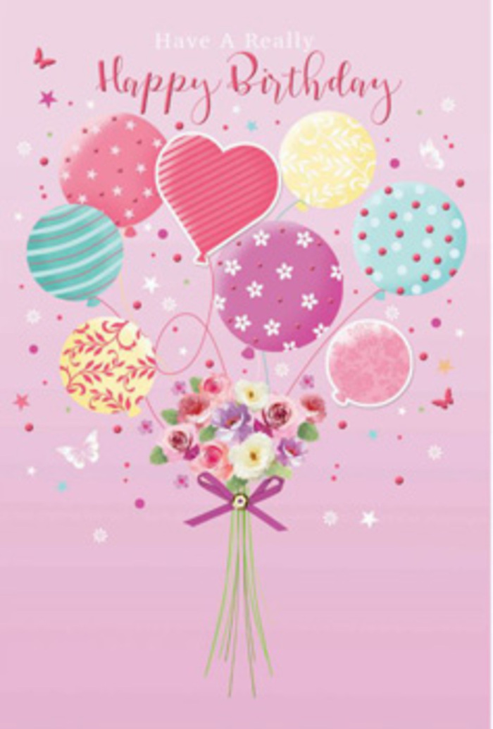 In this whimsical birthday card design, the artwork unfolds like a quiet celebration somewhere near Streatham Common, filled with soft colour and imaginative detail. A cluster of pastel balloons rises from the lower edge of the scene, appearing to lift a small, hand-tied bouquet up into the sky. Each balloon has been decorated with care: some wear candy-coloured stripes in rose, teal, and buttercream yellow, while others are sprinkled with playful polka dots or delicate floral motifs that echo the real blooms below. One tender heart-shaped balloon sits near the centre, glowing in blush pink and lavender, radiating affection the way a thoughtful birthday wish does. The bouquet at the base feels freshly gathered, the flowers drawn to appear lush yet dainty. You can picture petite roses and daisy-like blossoms, their petals softly shaded from cream at the edges to gentle rose and mauve at the heart, as though brushed by morning light filtering into a Streatham florist's studio. The stems are bound with a sparkling purple ribbon that loops into a tidy bow, its satin texture catching highlights that give the entire piece a subtle shimmer. Around the bouquet, tiny stars and butterflies drift as if caught in the same uplifting breeze as the balloons, adding a touch of fairy-tale charm. The overall colour palette leans towards tender pinks, sea greens, and pale yellows, balanced with hints of lavender, creating a soothing yet celebratory mood. It feels like a card chosen for someone special-a birthday greeting that whispers happiness, warmth, and the kind of careful attention you might expect from a local Streatham florist who loves turning simple moments into cherished memories.
