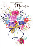 This Mother's Day card shows an exuberant, watercolour-inspired bouquet that appears to have been painted in one graceful, heartfelt motion, echoing the relaxed yet thoughtful style of an experienced Streatham florist. At the centre, lush blooms in vivid fuchsia, cherry pink, and bright rose are outlined with deep indigo strokes, giving their rounded petals a gentle sense of structure without losing the looseness of the medium. Cooler notes of sky blue, violet, and lavender weave in and out of the warmer shades, while touches of apricot and soft coral add a sunlit glow, as if the bouquet were bathed in late-morning light falling across a Streatham kitchen table. Fine lines and tiny accents of metallic gold highlight certain petals and leaves, offering a delicate shimmer that feels celebratory but not overstated. Around the main cluster, the artist has scattered droplets of colour and light-hearted heart motifs across a white background, suggesting confetti, shared laughter, and the flutter of excitement before handing over a bouquet. The flowers rise from a rounded, softly shaded vase in tones of blue and lilac, with a carefully painted golden bow wrapped around its neck, reminiscent of the final flourish added before a real arrangement goes out for same-day delivery across Streatham Hill, Norbury, and the surrounding streets. The overall mood is airy, joyful, and deeply affectionate-a visual love letter that captures the gratitude, warmth, and cherished memories that so many families wish to express on Mother's Day.
