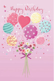 This birthday card artwork feels like a joyful daydream unfolding above the rooftops of Streatham, captured in soft pastels and gentle movement. The background is a tender wash of pink, calm and inviting, against which a bouquet of illustrated balloons drifts upward. Each balloon is individual and expressive: some twirl with ribbons of rose and teal, others are dotted with playful confetti-like spots in lemon and lilac, and a standout heart-shaped balloon at the centre glows with affectionate pink. Their pastel tones-pale sunshine yellow, sea green, warm blush, and lavender-blend together harmoniously, suggesting party lights reflected on a peaceful evening. At the base, as if anchoring all this airy delight, a compact bouquet of flowers gathers in a comforting cluster. The blossoms appear to be roses and anemone-style blooms, with velvety petals in creamy ivory, soft blush, and muted mauve, each petal carefully shaded to show depth and tenderness, like arrangements crafted in a small Streatham workshop. A violet satin bow ties the stems together, its sheen and folds rendered with enough detail that you can almost feel the smooth ribbon under your fingers. Around the bouquet and balloons, dainty butterflies hover and tiny stars sparkle, giving the whole image a touch of magical, birthday-eve anticipation. The imagined scent of fresh blooms and the gentle glow of pastel light create a sense of intimate celebration, as though this design has been created especially for a loved one nearby. It is a visual expression of a birthday wish: light, sweet, and filled with thoughtful, handcrafted charm.