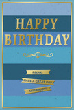 An elegant blue and gold birthday card is displayed as though it has just been opened in a cosy Streatham living room, perhaps next to a fresh arrangement from a local florist. The card's background is composed of generous, horizontal bands of blue that gently shift in tone from dark navy at the base to softer, lighter blues toward the top, creating a smooth ombre effect with a calm, almost coastal feel. In the centre, the phrase HAPPY BIRTHDAY appears in bold, embossed gold capitals. The letters are raised and neatly defined, their metallic finish catching the light in warm highlights that lend the card a quiet sense of importance. Underneath the main greeting, a graceful golden flourish spreads out in a decorative curve, suggesting a hint of vintage style without feeling fussy. Below this flourish, three narrow gold banners lie stacked, each ribbon carrying a simple message: Relax, have a great day and enjoy! The text on the banners is clear and welcoming, encouraging a slower, more mindful birthday. A slim gold line runs neatly around the outer edge, framing the blues and tying together all the metallic touches. The surface of the card appears smooth and slightly matte, making the shiny embossed gold elements stand out in gentle contrast. You can imagine the pleasant weight of the card in your hand and the soft rustle as it is opened, the design radiating peaceful celebration. It feels like a card chosen with care, ideal for someone who appreciates thoughtful details, calming colours, and a birthday wish that invites them to simply pause and enjoy their day.